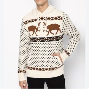 American Eagle Sweater Mens Medium Beige Rain Deer Geometric Hoodie Christmas
